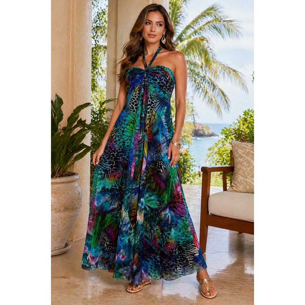Elaua Kattau Halter Maxi Dress Womens S Multicolor Butterfly Fairycore‎ Mesh